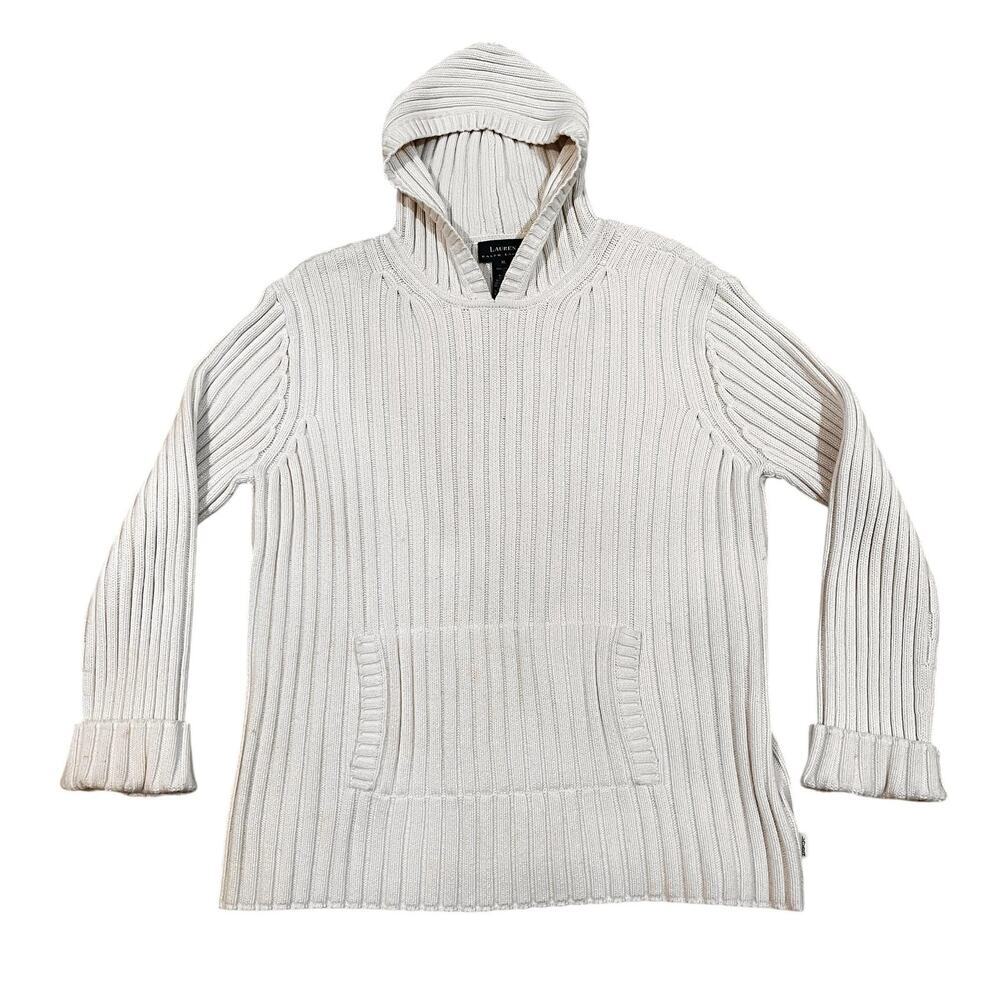 Lauren Ralph Lauren Chunky Sweater Womens XL Cream Cotton Hooded V Neck Ribbed